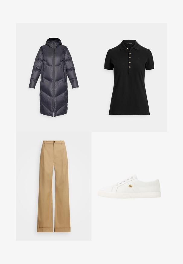 Burton LONG PARKA - Down coat - true black; Black polo shirt made of textured fabric, featuring a collar, short sleeves, and a placket with gold buttons. Subtle logo detail on the chest.; Beige wide-leg trousers with a button closure, featuring a smooth texture and pressed creases. Cuffed hems for added detail.; Lauren Ralph Lauren JANSON II CANVAS SNEAKER - Trainers - optic white