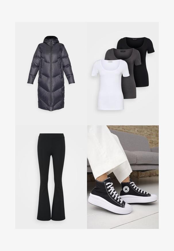 Burton LONG PARKA - Páperový kabát - true black; Tričko v bielej, šedej a čiernej farbe s priliehavým strihom. Každé má široký výstrih a krátke rukávy. Vyrobené z hladkej, elastickej tkaniny.; Čierne rozšírené nohavice vyrobené z elastického materiálu, s vysokým pásom a hladkou textúrou. Nohavice sa rozširujú od kolena.; Čierne vysoké tenisky s bielymi gumovými podrážkami a šnúrkami. Obsahujú okrúhlu nášivku s logom a kontrastné biele prešívanie. Materiál je plátený.