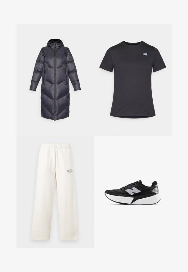 Burton LONG PARKA - Dūnu mētelis - true black; Melnas īsām piedurknēm T-krekls, izgatavots no mīksta auduma, ar nelielu pelēku New Balance logo kreisajā augšējā krūtīs, klasiskā apaļā kakla dizainā.; Kremkrāsas plaši bikses, izgatavotas no mīksta materiāla ar elastīgu jostu. Priekšpusē ir smalks zaļš izšuvums.; Melnbalts New Balance skriešanas apavi ar biezu zoli, acs augšdaļu un "N" logotipu sānos, skatīts no ārējās puses.