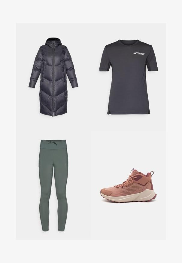Burton LONG PARKA - Geacă cu puf - true black; Cămașă scurtă de culoare gri închis, realizată dintr-un material ușor, având un decolteu rotund și un logo alb TERREX pe piept.; Leggings cu talie înaltă, de culoare verde ștearsă, realizate dintr-un material elastic cu o textură netedă și cusături plate; prezintă un cordon la talie.; Și la hiking de culoare roz și vișiniu cu un material texturat, accente contrastante, o talpă căptușită și un model de profil dur pentru aderență.