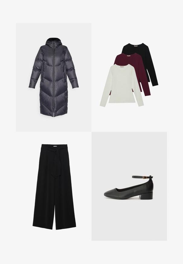 Burton LONG PARKA - Kabát z prachového peří - true black; Dlouhé rukávy trička v bílé, burgundské a černé barvě. Vyrobeno z měkké tkaniny s kulatým výstřihem a přiléhavým střihem. Vhodné na vrstvení.; Černé kalhoty s širokými nohavicemi, vyrobené z texturované tkaniny, s elastickým pasem a odnímatelným páskem na úpravu velikosti.; Černé kožené lodičky s špičatou špičkou a nízkým blokovým podpatkem. Obsahují pásek kolem kotníku se zlatou sponou. Hladký povrch.