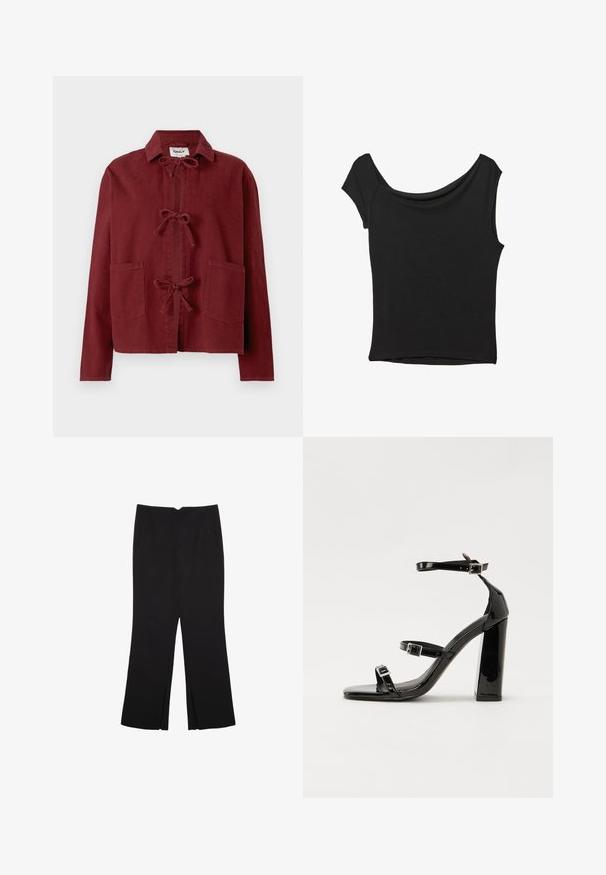 Burgundska jakna iz mehkega blaga z ovratnikom, sprednjim zavezovanjem in dvema sprednjima žepoma. Dolgi rokavi z ravnim robom.; Črna kratka majica s kratkimi rokavi iz gladkega blaga; ima drapiran izrez in asimetrično spodnjo rob, s prilegnjenim telesom.; Črne hlače ravnega kroja z naglavnimi žepi in stranskimi razporki na robu. Narejene iz mehke, gladke tkanine. Primerne za različne priložnosti.; Črne lakirane sandale s peto, kvadratnim prstom, trakovi okrog gležnja in srebrnimi zaponkami. Opremljene so s stabilno Debelo peto.