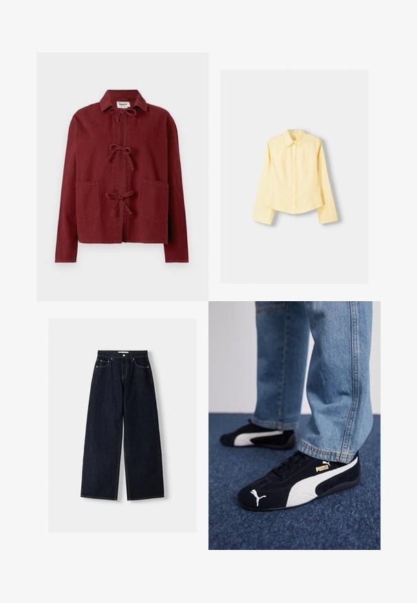 Burgundy jacka i mjukt tyg med krage, framslutsningar med knytning och två framfickor. Långa ärmar med rak nederkant.; Gulrandig skjorta med långa ärmar, spetsig krage och knappstängning framtill. Har vertikala blå ränder och en skräddarsydd passform.; Mörkblå denim med vida ben och hög midja, fem fickor, kontrastsömmar och silverfärgad metalldetaljer. Slät textur och ren finish.; Svarta mockaskor med vita detaljer, med en gyllene logotyp. Bärs med ljusblå denimjeans och placerade på en texturerad blå yta.