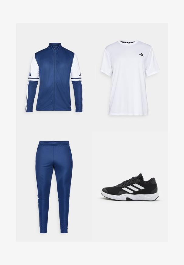 Navy sports jacket with white sleeves, high collar, full zip, and three-stripe detailing on arms. Made from lightweight, smooth fabric.; White athletic t-shirt with short sleeves, made from moisture-wicking fabric. Features a black logo on the left chest and a patterned interior neckline.; Navy athletic pants with a smooth, sleek texture, featuring white side stripes, an elastic waistband, and a tapered leg design.; Black athletic shoes with a textured mesh upper, white accent stripes, a cushioned sole, and a reinforced heel for support.
