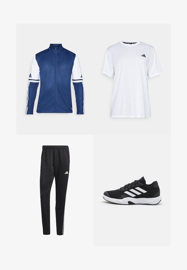 Marineblaues Sportjackett mit weißen Ärmeln, hohem Kragen, durchgehendem Reißverschluss und dreistreifigem Design auf den Armen. Hergestellt aus leichtem, glattem Stoff.; Weißes sportliches T-Shirt mit kurzen Ärmeln, aus feuchtigkeitsableitendem Material. Mit einem schwarzen Logo auf der linken Brust und einem gemusterten Innenkragen.; Schwarze Sporthose mit einem dehnbaren Bund, weißen Seitenstreifen und einem kleinen weißen Logo auf dem Oberschenkel. Hergestellt aus einem glatten, leichten Material.; Schwarze Sportschuhe mit einem strukturierten Mesh-Obermaterial, weißen Akzentstreifen, einer gepolsterten Sohle und einer verstärkten Ferse für Unterstützung.
