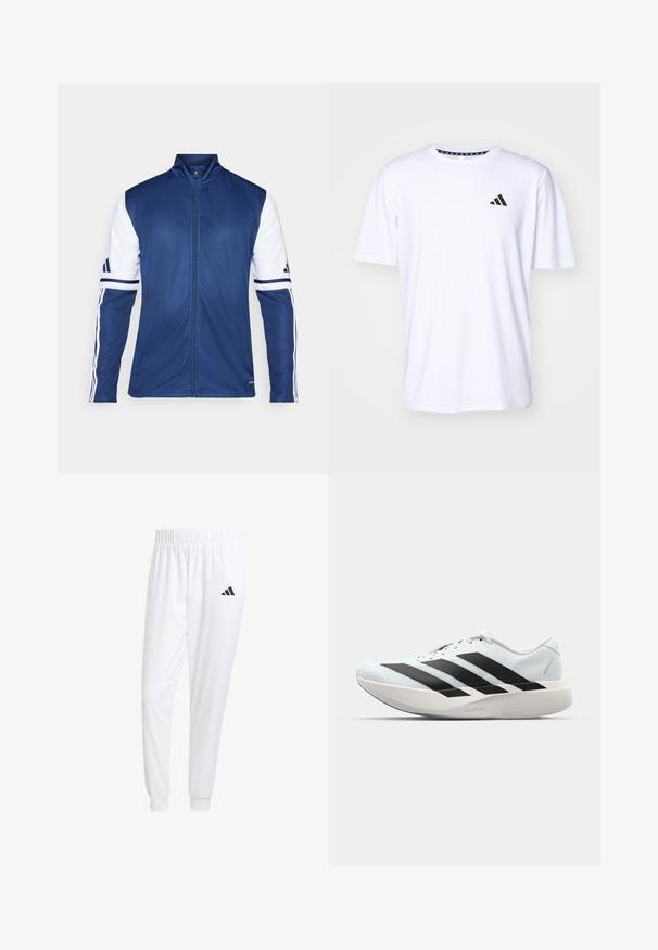 Marine sportjack met witte mouwen, hoge kraag, volledige rits en drie-strepen detail op de armen. Gemaakt van lichte, gladde stof.; Witte T-shirt met korte mouwen, gemaakt van stof met een gladde textuur. Heeft een zwart adidas-logo op de linkerborst en een geborduurde kraag.; Witte sportbroek van gladde stof, met een elastische tailleband en smalle taillebanden, voorzien van een zwart logo op de achterzak.; Lichte hardloopschoenen in lichtblauw met zwarte strepen. Beschikt over een soepele bovenkant, ronde neusstuk en dikke witte tussenzool met het label "LIGHTSTRIKE PRO."