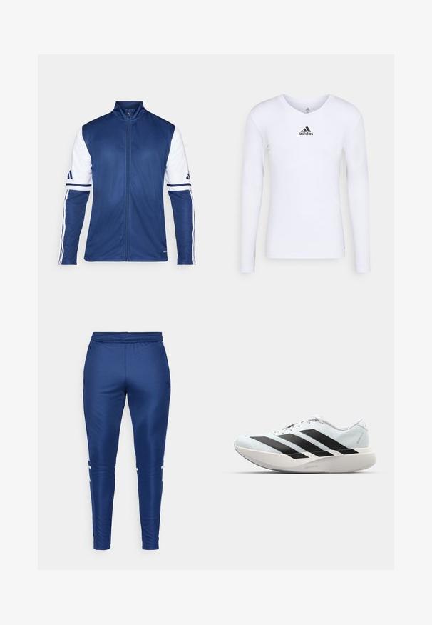Námornícky športový sako s bielymi rukávmi, vysokým golierom, plným zipsom a trojprúžkovým detailom na rukávoch. Vyrobené z ľahkej, hladkej tkaniny.; Dlhý rukáv bielej atletickej košele vyrobenej z hladkého materiálu so známym čiernym logom Adidas na hrudi; dizajn do V a priliehavý strih.; Námorné športové nohavice s hladkou, lesklou textúrou, s bielymi bočnými pruhmi, elastickým pásom a zúženým strihom.; Ľahké bežecké topánky v svetlomodrej farbe s čiernymi pruhmi. Majú hladký zvršok, okrúle špičky a hrubú bielu medzipodrážku označenú "LIGHTSTRIKE PRO."