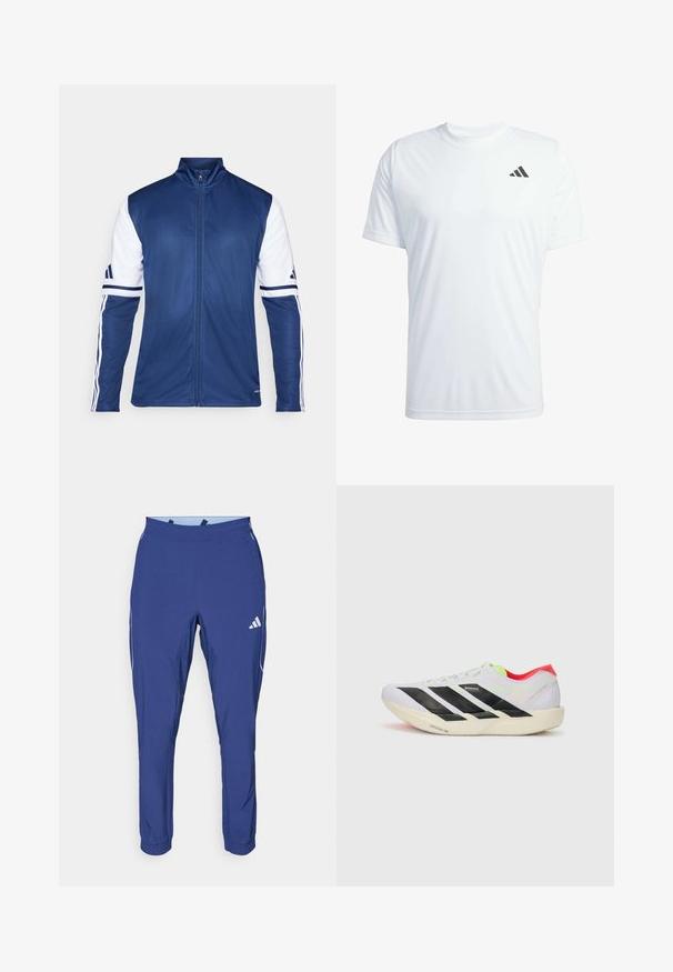 Jūras spēku sporta jaka ar baltām piedurknēm, augstu apkakli, pilnīgu zip un triju svītru rotājumiem uz rokām. Izgatavota no viegla, gluda auduma.; Balts īsajām piedurknēm sporta krekls, izgatavots no viegla auduma, ar melnu Adidas logotipu kreisajā augšējā krūtī.; adidas Performance TECH APP - Treniņtērpa apakšdaļas - dark blue/glow blue; Balti skrienamie apavi ar melnām svītrām, neona zaļiem akcentiem un sarkanu papēdi. Izceļas ar vieglu dizainu un teksturētu zoli, kas nodrošina labu saķeri.