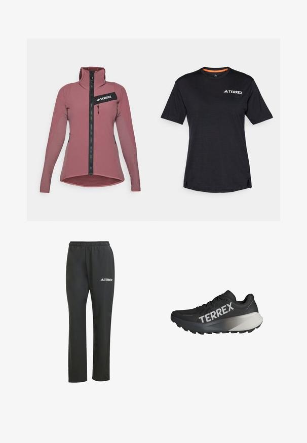 Terrex jacket in mauve, featuring a full front zipper, high collar, zippered chest pocket, and textured side panels for breathability.; Black short-sleeve T-shirt with round neckline, featuring a subtle heather texture and white "TERREX" logo on the upper left side.; Black lightweight pants with an elastic waistband. Features a subtle “TERREX” logo in white. Smooth fabric and straight-leg design.; Black running shoe with a textured upper, prominent "TERREX" logo in white, tapered sole design, and a gradient gray accent on the heel.