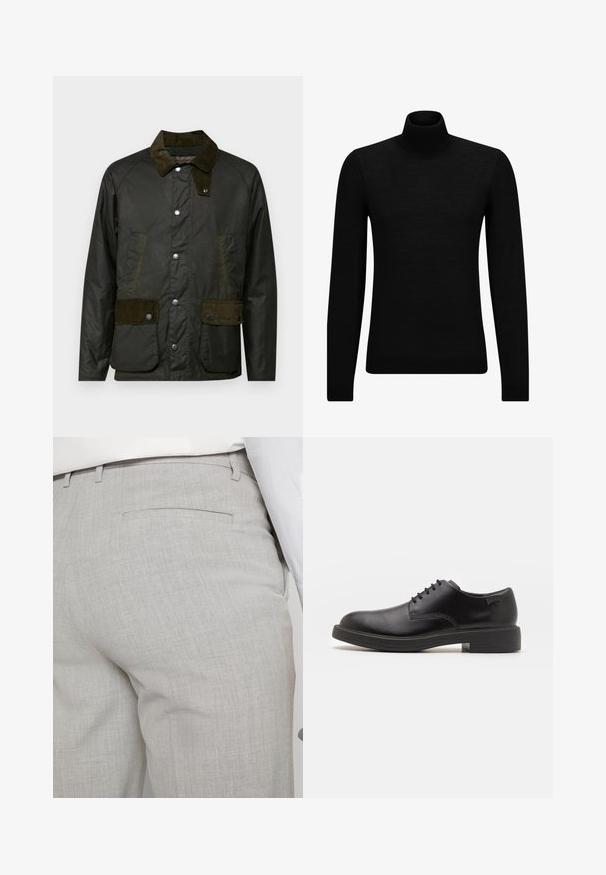 Barbour CORDALE oliwkowy; Czarny sweter z golfem wykonany z miękkiego materiału, z długimi rękawami i dopasowanym krojem. Żebrowane wykończenie na dolnym brzegu i mankietach. Prosty design.; Jasnoszare, dopasowane spodnie wykonane z fakturowanej tkaniny, z pojedynczą tylną kieszenią i starannym przeszyciem.; Czarny skórzany but za kostkę z okrągłym noskiem, gładką fakturą, minimalnym przeszyciem i niskim gumowym obcasem. Logo na pięcie.
