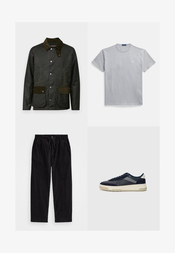 Barbour CORDALE JACKET - Light jacket - fern; Gray cotton T-shirt with a crew neck, short sleeves, and a small white logo on the left chest. Smooth texture and relaxed fit.; Black corduroy pants with a relaxed fit, featuring an elastic waistband with a drawstring, and side pockets. Fabric shows ribbed texture.; BOSS BALTIMORE - Trainers - open blue