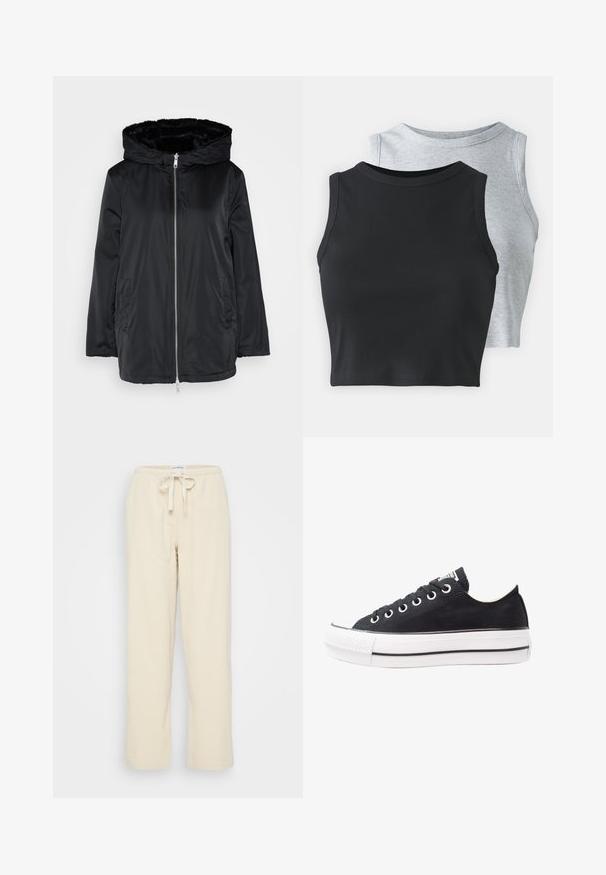 Czarna kurtka puchowa z włochatym kapturem, z zamkiem z przodu, bocznymi kieszeniami i nieco luźnym krojem. Wykonana z gładkiego, śliskiego materiału.; Even&Odd Petite - Top; Even&Odd Petite - Spodnie materiałowe; Czarne trampki na canvasie z białą gumową podeszwą, okrągłym noskiem, niskim fasonem, metalowymi oczkami oraz teksturowanym noskiem. Cienka czarna linia wzdłuż podeszwy.