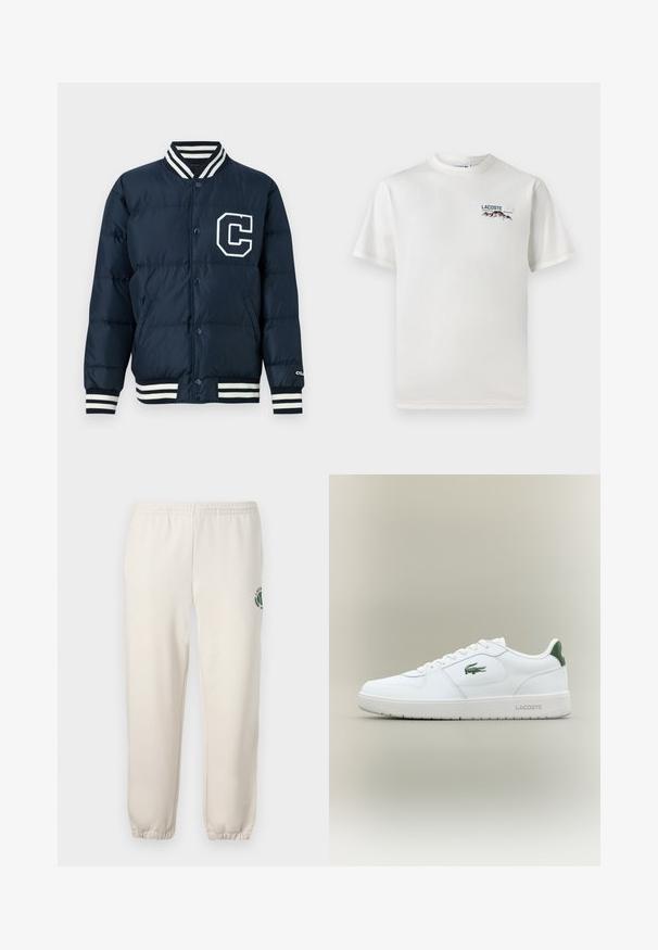 Námornícka páperová bunda s bielym logom 'C', zapínaním na cvoky, rebrovanými pruhovanými manžetami a golierom, a hladkou, lesklou textúrou.; Biela bavlnená tričko s okrúhlym výstrihom, krátkymi rukávmi a malou vyšívanou nášivkou s motívom hôr a textom na ľavej hrudi.; Svetlo béžové tepláky z bavlny s elastickým pásom, rebrovanými manžetami a zeleným logom s dizajnom listu na ľavej nohe.; Biele kožené tenisky s hladkým povrchom, zelenými akcentami na päte a zeleným logom na boku. Majú plochú podrážku a okrúly špičku.