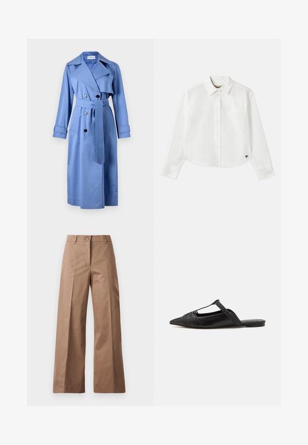 Marella CLORURO - Kišni ogrtač - azzurro polvere; Bijela skraćena košulja dugih rukava napravljena od pamuka. Ima gumb za zatvaranje sprijeda, džep na prsima i mali crni logotip na donjem lijevom dijelu.; Smeđe hlače širokih nogavica od glatkog materijala, s prednjim zatvaračem na dugme, dvjema prednjim džepovima i čistim, oblikovanim linijama.; Crne kožne cipele s remenom oko pete i šiljastim vrhom, s pletenim naglaskom i nabranim gornjim dijelom. Ravni đon s minimalnim hardverom.
