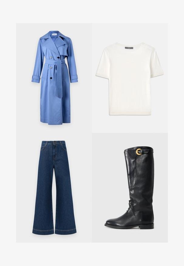 Marella CLORURO - Gabardina - azzurro polvere; Top de malha branco, de mangas curtas, com decote redondo, apresentando uma textura suave e discretos realces canelados nas mangas e na barra.; Jeans azul de perna larga com cintura alta, apresentando um fecho de botão, passantes para cinto e detalhes de costura discretos ao longo dos bolsos e das bainhas.; Bota de couro preta até ao joelho com bico arredondado, atacadores à frente, detalhe lateral e uma fivela dourada no topo. Textura suave.