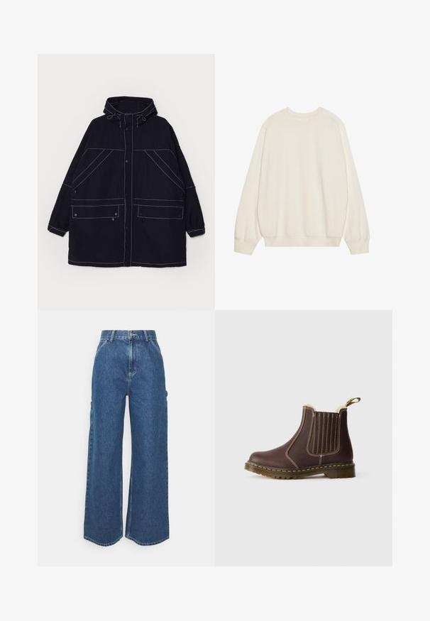 Tumesinine kapuutsiga jakk, mis on valmistatud kergest kangast, nähtavate valgete õmblustega, kahe ees oleva taskuga ja reguleeritavate nööridega kapuutsil.; Kerge beež kapuutsiga särk, mis on valmistatud pehmest puuvillasegusest materjalist. Omab pikki varrukaid, ümarat kaelust ning ribakujulisi mansette ja allserva, olles laia lõikega.; Laiene jalad sinised denim püksid kõrge vöökohaga, kontrastsete õmblustega ja küljetaskutega, klassikalise viie taskuga disainiga ja toore servaga.; Pruunist nahast Chelsea saapad, millel on kollased õmblused, elastsed külgpaneelid, karvane vooder ja läbipaistev kummist talla valge taustaga.