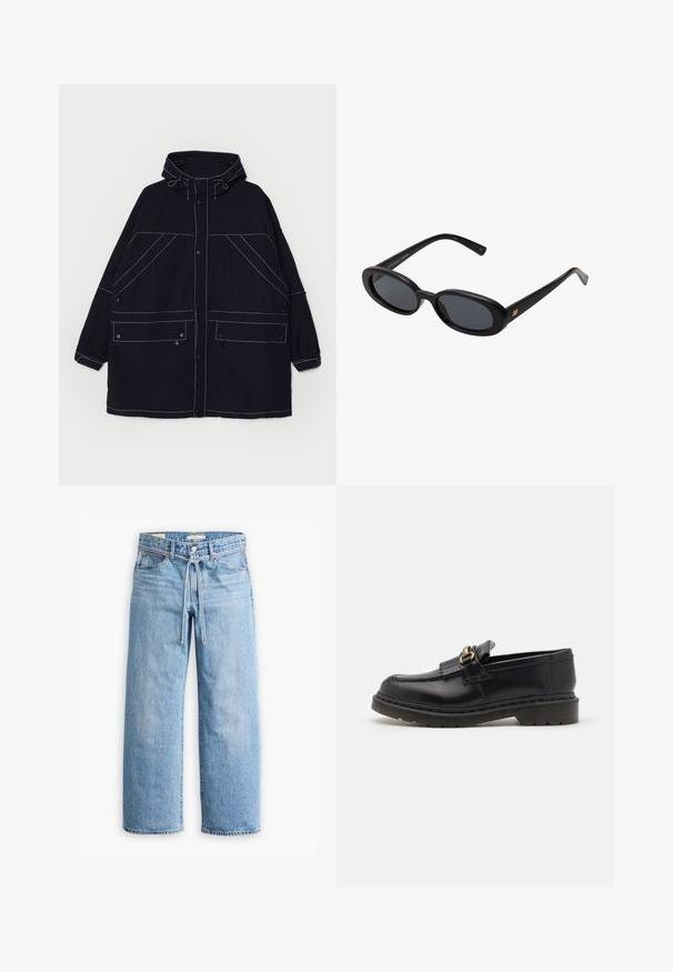 Tumesinine kapuutsiga jakk, mis on valmistatud kergest kangast, nähtavate valgete õmblustega, kahe ees oleva taskuga ja reguleeritavate nööridega kapuutsil.; Valge lühikeste varrukatega T-särk, mis on valmistatud puuvillast, ümmarguse kaelusega ja mugava lõikega, ilma nähtavate mustrite või graafikateta.; Heledad sinised laiad püksid kõrge vöökohaga, nupukese ja tõmbluku sulgemisega ning nööridega detailiga vöökoht. Tooriku serv.; Mustad musta nahast loaferid ümarate varvastega, dekoratiivsete frantsi ja kuldsete aksessuaaridelementidega. Paksem kummist tallad lisavad haakimist ja vastupidavust.; Mustad mustad prillid ovaalsete läätsedega, sujuvast plastmassraamist ja kuldsete aktsentidega tempel. Tumedaid läätsi, mis pakuvad päikese kaitset.