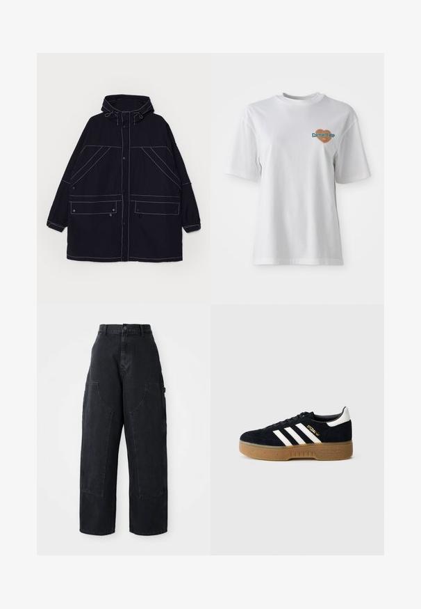 Námornícka kapucňová bunda vyrobená z ľahkého materiálu, s viditeľným bielym prešívaním, dvomi prednými vreckami a nastaviteľnými šnúrkami na kapucni.; Carhartt WIP GROWTH - Tričko s potlačou - white stone washed; Čierne denimové široké nohavice s vysokým pásom, dvoma veľkými prednými vreckami a gombíkovým zapínaním na páse. Hladká textúra, ležérny dizajn.; Čierna semišová teniska s bielymi tromi pruhmi a zlatým logom. Podrážka v gumovej farbe s textúrovaným gripom. Klasický nízky dizajn s okrúhlou špičkou.