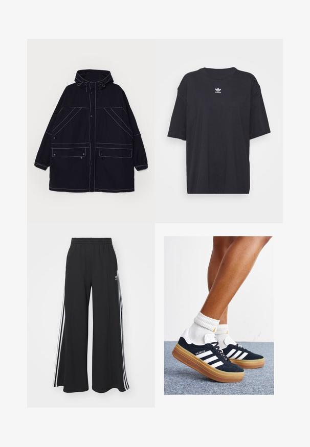 Marineblå hettejakke laget av lett stoff, med synlig hvit søm, to frontlommer og justerbare snorer på hetten.; Svart bomull T-skjorte med korte ermer, rund halslinje, med en hvit Adidas-logo på brystet. Enkel design, avslappet passform.; Svart vide joggebukser med elastisk midjebånd, med hvite sidestriper og brodert logo på venstre lår.; Svarte sneakers i semsket skinn med hvite striper og detaljer, rund tå, yttersåle i gummigummi, kombinert med hvite ribbestrikkede crew-sokker.