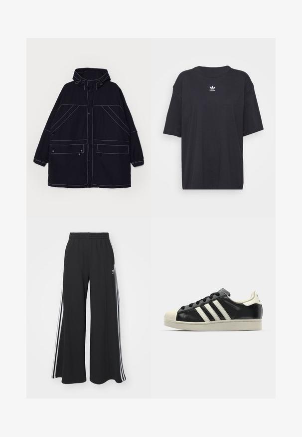 Casaco azul marinho com capuz, feito de tecido leve, apresentando costuras brancas visíveis, dois bolsos frontais e cordões ajustáveis no capuz.; T-shirt de algodão preto com mangas curtas, decote arredondado, apresenta um logótipo branco da Adidas no peito. Design simples, ajuste descontraído.; Calças de suor largas e pretas com uma cintura elástica, apresentando riscas brancas nas laterais e um logótipo bordado na coxa esquerda.; Sapatilha de couro preto com riscas brancas, biqueira de borracha, atacadores pretos e sola na cor creme. Textura suave com acabamento brilhante.