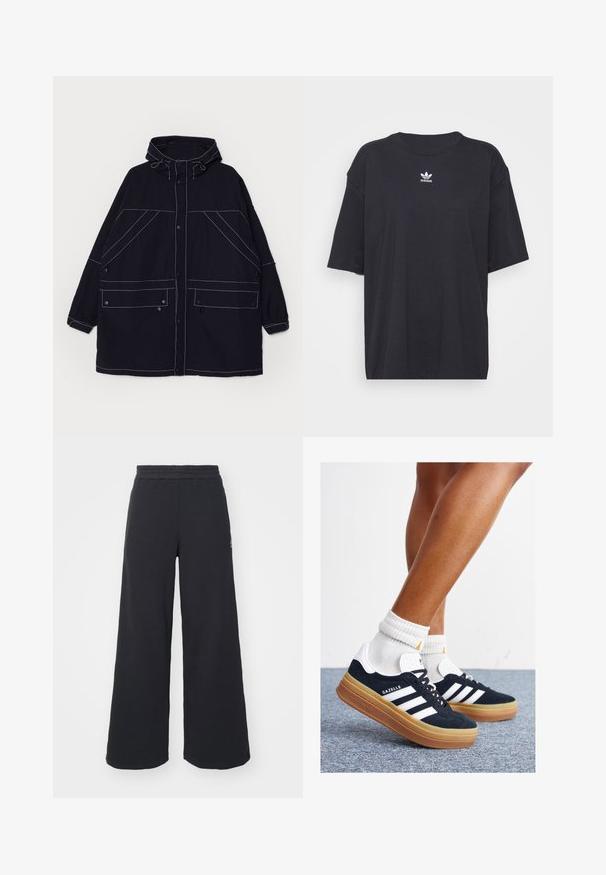 Tumesinine kapuutsiga jakk, mis on valmistatud kergest kangast, nähtavate valgete õmblustega, kahe ees oleva taskuga ja reguleeritavate nööridega kapuutsil.; Must must t-särk lühikeste varrukatega, ümmargune kaelus, rinnal valge Adidas logo. Lihtne disain, mugav lõige.; Mustad laiad spordipüksid, mis on valmistatud pehmest kangast, elastse vöökohtaga ja väikese logoga vasakul küljel.; Mustad seemisnahast tossud valgete triipude ja detailidega, ümarate varbassosadega, kummist välistallaga, paaritatud valgete soonikuliste meessokkidega.