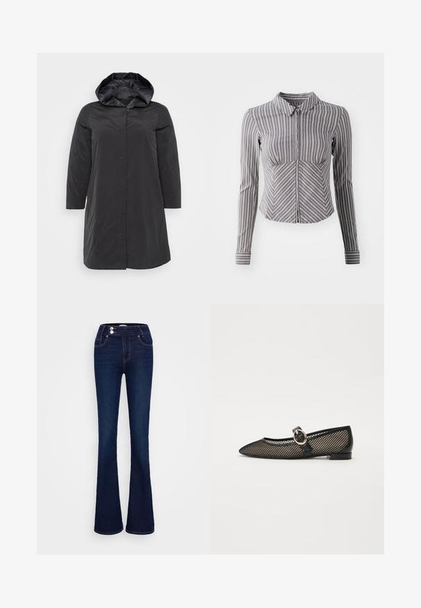 Czarna ocieplana kurtka z kapturem, zapinana na guziki, z długimi rękawami i gładką, błyszczącą strukturą. Prosty i funkcjonalny design.; Szara koszula z długim rękawem, w pionowe białe paski, z kołnierzykiem i zamkiem z przodu. Posiada dopasowany krój oraz zaokrąglony dół.; Granatowe dżinsy w fasonie dzwonów z wysokim stanem, dwiema przednimi kieszeniami oraz dwoma zapięciami na guziki. Wykonane z denimowej tkaniny o gładkiej fakturze.; Czarne, spiczaste płaskie buty Mary Jane z siateczkowym wzorem, skórzanym wykończeniem i okrągłą złotą klamrą na pasku.