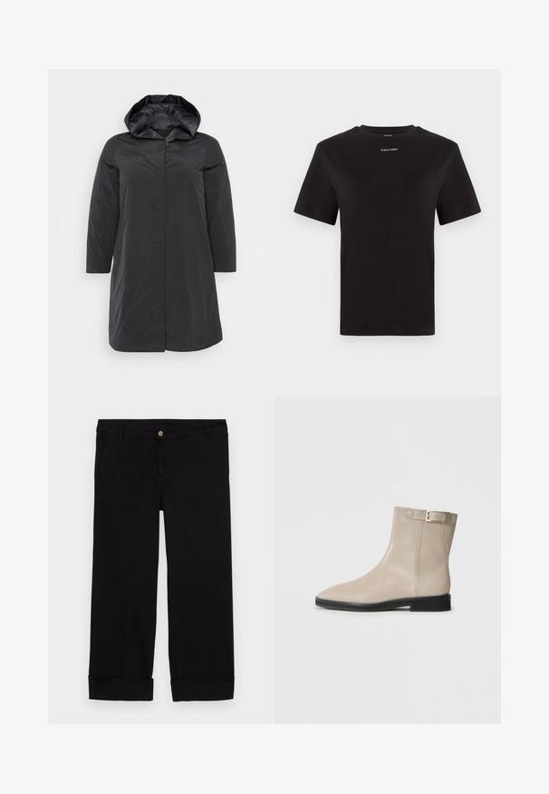 Fekete párnázott kabát kapucnival, gombos záródással, hosszú ujjakkal és sima, fényes textúrával. Egyszerű és funkcionális dizájn.; Fekete pamut póló rövid ujjakkal, kerek nyakkivágással és kis fehér "Calvin Klein" logóval a mellkasnál. Simás textúra, klasszikus fazon.; Fekete pamut nadrág egyenes szabással, elülső zsebekkel, arany gombos záródással és felgöngyölt szegélyekkel. Simaságot kölcsönző textúra.; Beige bőrből készült bokacsizma hegyes orral, fekete talppal, alacsony sarkal és aranycsat szíjjal a külső oldalon, fehér háttér előtt bemutatva.
