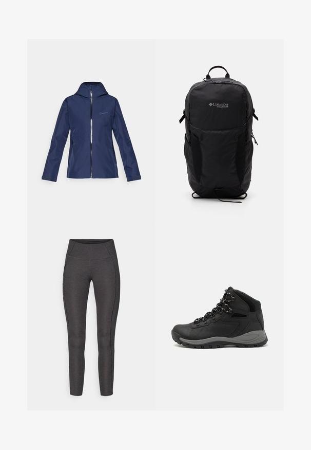Navy waterproof jacket with a fitted hood, full zip front, two side pockets, and adjustable cuffs. Smooth texture and minimalist design.; Grey short-sleeve t-shirt made of soft, moisture-wicking fabric. Features a crew neck and a small white logo on the upper left.; High-waisted leggings in dark grey, made from textured fabric. Features a fitted design and side pockets for storage.; Black hiking boot with a mid-top design, featuring a textured upper, gray accents, and durable rubber sole with traction lugs.; Black Columbia Titanium backpack with a smooth fabric texture, side pockets, top handle, and adjustable straps. Minimalist design with subtle branding.