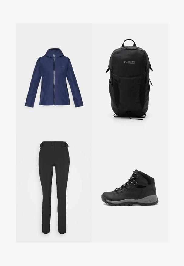 Sötétkék vízálló dzseki, illeszkedő kapucnival, teljes hosszúságú cipzárral, két oldalsó zsebbel és állítható mandzsettákkal. Simább textúra és minimalista dizájn.; Szürke, rövid ujjú póló, puha, nedvességet elvezető anyagból készült. Kerek nyakú, és egy kis fehér logó található a bal felső részen.; Fekete, testhezálló nadrág rugalmas anyagból. Jellemzők: cipzáras oldalzseb, artikulált térdek és sima felület.; Fekete túracipő közepes magasságú kialakítással, texturált felsőrésszel, szürke részletekkel és strapabíró gumitalppal, amelynek tapadós kiemelkedései vannak.; Fekete Columbia Titanium hátizsák sima textúrájú anyagból, oldalsó zsebekkel, felső fogantyúval és állítható pántokkal. Minimalista dizájn diszkrét márkázással.