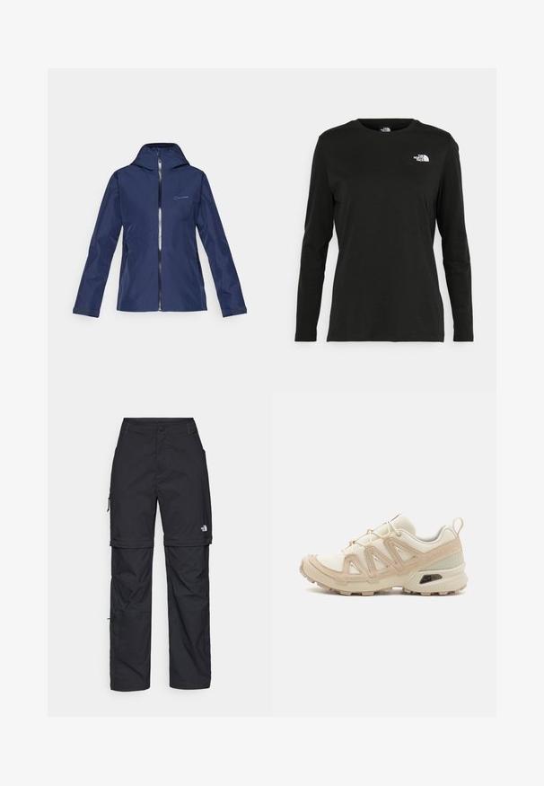 Marineblå vandtæt jakke med en tætsiddende hætte, fuld lynlås foran, to sidelommer og justerbare manchetter. Glat tekstur og minimalistisk design.; Sort langærmet t-shirt lavet af bomuld med rund hals. Har et lille hvidt logo på venstre brystområde. Enkel design og pasform.; Sorte nylon cargo bukser med lynlås, justerbare manchetter, flere lommer og et logo på højre ben. Glat, let tekstur.; Beige og creme atletiksko med struktureret mesh-overdel, støttende overlays og gummiyderside med et mønster for trækkraft.