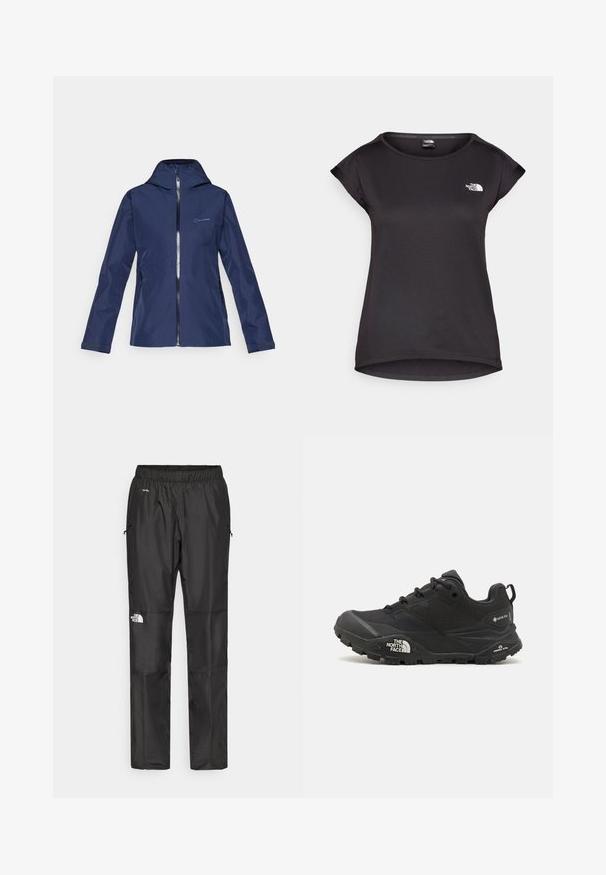 Marine vanntett jakke med fitted hette, hel glidelås foran, to sidelommer og justerbare mansjetter. Glatt tekstur og minimalistisk design.; The North Face TANKEN TANK - T-skjorte til trening - black; Sorte vanntette bukser laget av lettvektig stoff, med elastisk midjebånd, sidelommer og en logo på venstre ben.; Svart tursko med teksturert overdel, snøring og en kraftig gummisåle som har et fremtredende logo på siden og mønster i sålen.