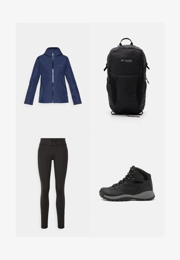 Navy waterproof jacket with a fitted hood, full zip front, two side pockets, and adjustable cuffs. Smooth texture and minimalist design.; Black Columbia t-shirt with white circular mountain and river line art and text "Columbia Sportswear Company Outside Since 1938."; Black leggings with a high waistband, drawstring, smooth texture, and fitted design. Features stitching details along the sides.; Black hiking boot with a mid-top design, featuring a textured upper, gray accents, and durable rubber sole with traction lugs.; Black Columbia Titanium backpack with a smooth fabric texture, side pockets, top handle, and adjustable straps. Minimalist design with subtle branding.