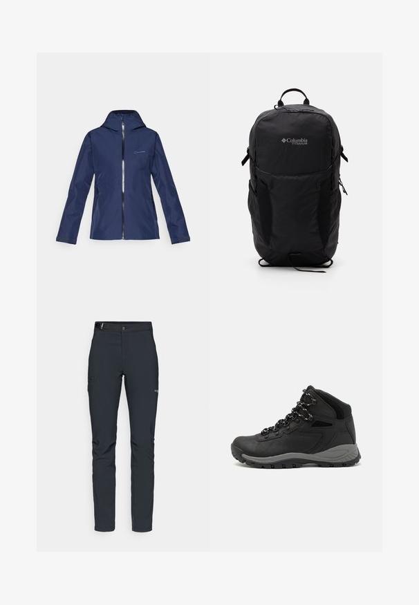 Giacca impermeabile blu navy con cappuccio aderente, zip frontale completa, due tasche laterali e polsini regolabili. Texture liscia e design minimalista.; Maglietta nera Columbia con arte lineare bianca di una montagna circolare e un fiume, e il testo "Columbia Sportswear Company Outside Since 1938."; Pantaloni da uomo per attività all'aperto, grigio scuro, realizzati in materiale elastico, dotati di cintura, tasche con zip e cuciture rinforzate.; Stivale da trekking nero con design a metà altezza, dotato di una tomaia texturizzata, accenti grigi e suola in gomma resistente con tasselli per la trazione.; Zaino Columbia Titanium nero con una texture di tessuto liscia, tasche laterali, maniglia superiore e spallacci regolabili. Design minimalista con branding discreto.