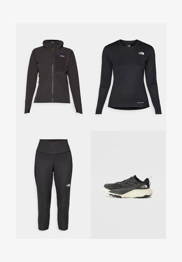 Giacca nera con cappuccio realizzata in tessuto testurizzato, dotata di una zip frontale, tasca sul petto e polsini regolabili per una vestibilità sicura.; The North Face SHADOW LONG SLEEVE - Maglietta a manica lunga - black; Leggings capri neri realizzati in tessuto elastico, dotati di un alto punto vita e un piccolo logo bianco sul lato sinistro. Texture liscia.; Scarpa da ginnastica nera con tomaia testurizzata, con accenti grigi e un sottopiede bianco. Include una linguetta sul retro e un logo del marchio ben visibile sul tallone.