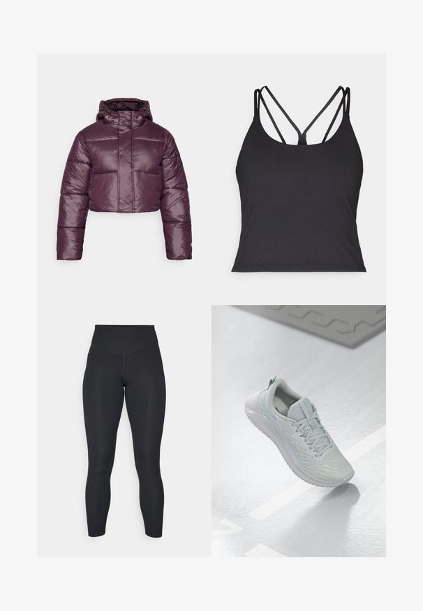 Skraćena puf jakna u tamnoljubičastoj boji, s sjajnom teksturom, kapuljaču i horizontalnim kviltiranim sekcijama. Jednostavan dizajn prednjeg zatvaranja.; Crni top bez rukava s tankim trakama i dizajnom u obliku križa na leđima. Izrađen od mekanog, rastezljivog materijala s prilagođenim krojem.; Crne tajice s visokim strukom, glatkom teksturom i tijesnim krojem. Imaju ravne šavove i punu dužinu bez uzoraka.; Svijetlosivi atletski tenisice s teksturiranim mrežastim gornjim dijelom, s vezicama, podstavljenim potplatom i minimalnim detaljima brendinga.