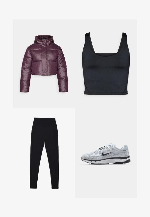 Lyhyt puhallusjacke tummassa purppurassa, jossa on kiiltävä pinta, huppu ja vaakasuorat tikatut osat. Yksinkertainen etukiinnitysdesign.; Musta lyhennetty tankkitoppi, jossa on sileä, joustava kangas, leveät olkaimet ja neliskulmainen pääntie, jossa on minimaalinen ompelusdetaili.; Mustat leggingsit, jotka on valmistettu joustavasta kankaasta, korkealla ribatulla vyötäröllä. Vaatteessa on sivutaskut ja saumaton muotoilu mukavuutta varten.; Nike P-6000 tennarit, joissa on vaaleanharmaa verkkomateriaali, mustia yksityiskohtia ja kestävä musta kumipohja. Ominaisuuksia ovat monimutkainen muotoilu ja nauhoitusjärjestelmä.