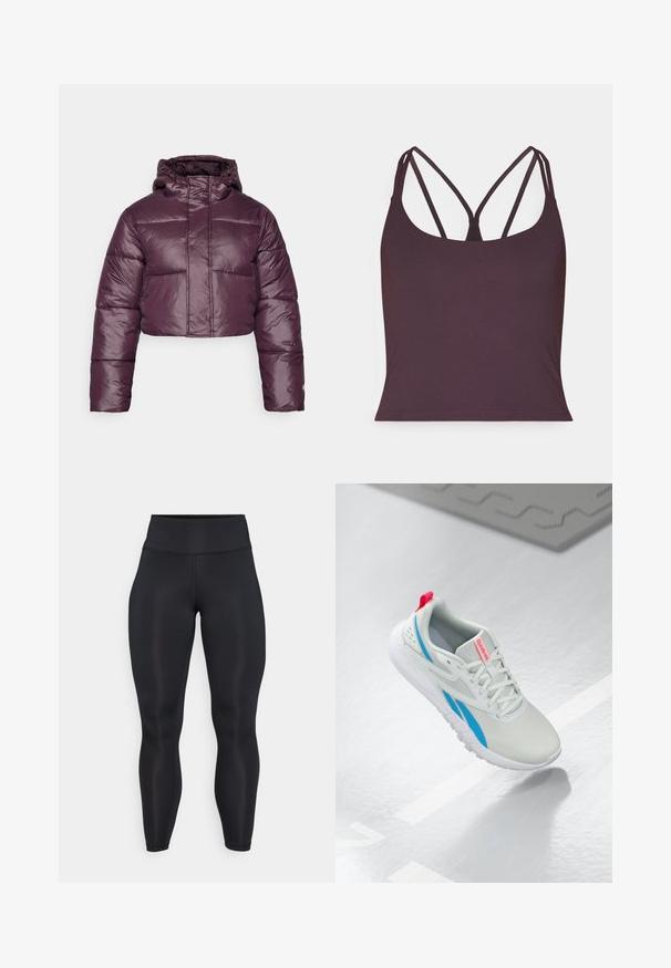 Skrajšan zimski jopič v temno vijolični barvi, z sijočo teksturo, kapuco in horizontalno kviltanimi deli. Preprost dizajn sprednjega zapiranja.; Temno vijolična majica s tankimi naramnicami, izdelana iz gladkega materiala, z zaobljenim izrezom. Brezšiv rob na dnu.; Črne legice visokega pasu, polne dolžine, z gladkim materialom in vidnimi šivi na sprednjem delu ter pasu.; Bele in modre Reebok superge z rdečo zanko lebdeče nad sijočo površino, ob kateri je sivi gumijasti mat.