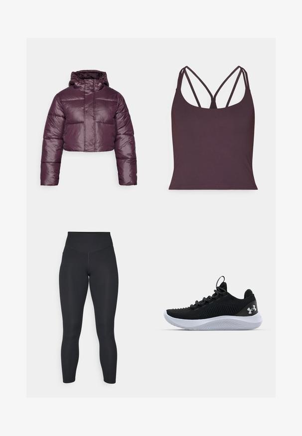 Kortad pufferjacka i mörklila, med en glänsande yta, huva och horisontella quiltade sektioner. Enkel design för framknäppning.; Mörklila linne av slätt tyg med tunna dubbla axelband och rund halsringning. Sömlös fåll nertill.; Svarta leggings med hög midja, slät yta och figurnära design. Har platta sömmar och fullängds täckning utan mönster.; Svarta atletiska skor med ett andningsbart meshtak, texturerade detaljer och en vit gummisula. Har platta skosnören och en hällapp vid hälen.