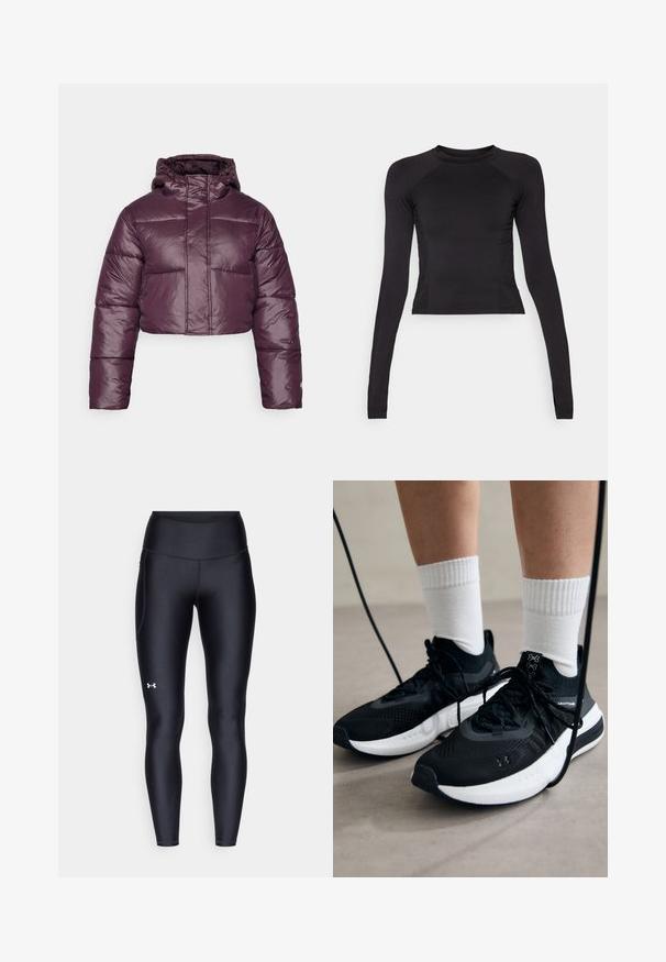 Tamsiai purpurinė trumpa pūkinė striukė, turinti blizgią tekstūrą, gobtuvą ir horizontalius siuvinėjimus. Paprastas priekinis užsegimas.; Juodas ilgomis rankovėmis trumpas viršus, pagamintas iš elastingos medžiagos, su apvalia kaklo iškirpte ir raglan rankovėmis su subtiliais siūlių akcentais.; Juodos leggingai, pagaminti iš lygaus, elastingo audinio su aukštu juosmeniu. Kairiajame šlaunyje yra baltas logotipas ir tvirta konstrukcija.; Juodi sportiniai batai su tekstūruotu audiniu, balta padu ir juodais raiščiais. Dėvimi su baltais raištiniais kojiniais, stovint lengvame paviršiuje.