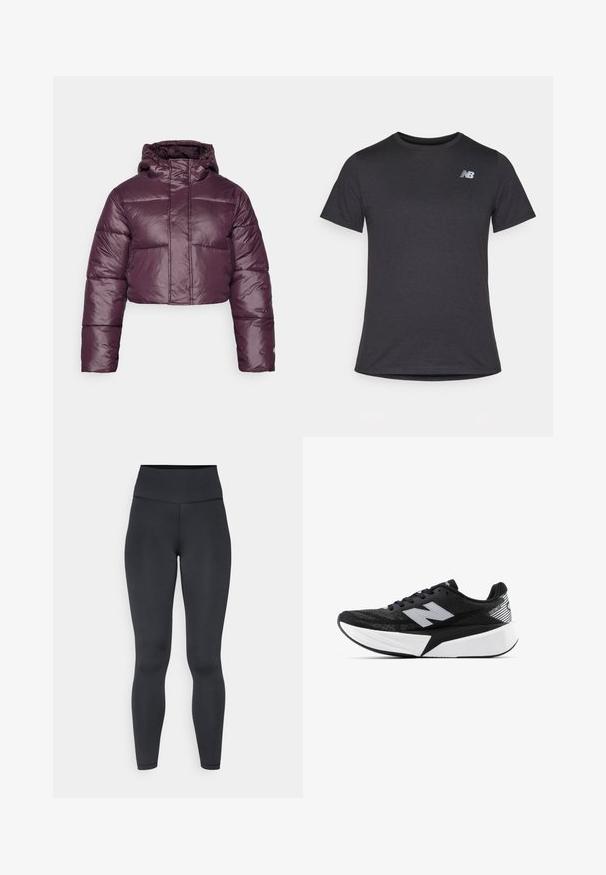 Lühendatud pufferjakker tumesinises värvinas, millel on läikiv tekstuur, kapuuts ja horisontaalsed tikandid. Lihtne eest sulgemise disain.; Must beebi särk, millel on lühikesed varrukad ja pehme kangas, ülaosas vasakul rinnal on väike hall New Balance'i logo, klassikaline ümar kaelus.; Kõrge vöökohaga mustad retuusid, mis on valmistatud venivast materjalist, omavad siledat tekstuuri ja lähedalt liibuvat disaini, koos minimaalsete õmbluse detailidega.; Mustvalge New Balance jooksujalats, millel on paks tallar ja võrkkangast ülemine osa, ning külgvaates on näha ka „N” logo.