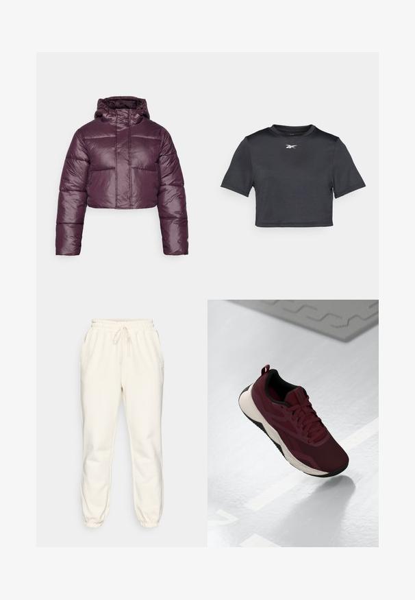 Abgeschnittene Daunenjacke in Dunkelviolett mit glänzender Textur, Kapuze und horizontalen Steppnähten. Einfaches Frontverschlussdesign.; Schwarzes, kurzes sportliches T-Shirt aus glattem, leichtem Stoff. Verfügt über kurze Ärmel und einen runden Halsausschnitt mit einem weißen Logo, das auf der Brust gedruckt ist.; Cremfarbene Jogginghose aus weichem Stoff, mit einem elastischen Bund und Kordelzug, seitlichen Taschen und schmal zulaufenden Bündchen an den Knöcheln.; Maroon Sport-Schuh mit Mesh-Obermaterial, schwarzen Akzenten und einer gepolsterten weißen Sohle. Verfügt über Schnürverschluss und Lasche an der Ferse.