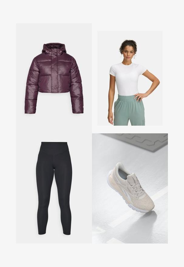 Abgeschnittene Daunenjacke in Dunkelviolett mit glänzender Textur, Kapuze und horizontalen Steppnähten. Einfaches Frontverschlussdesign.; Weißes, körpernahes T-Shirt mit kurzen Ärmeln, kombiniert mit hellgrünen Hosen mit elastischem Bund. Glatte Textur, minimalistisches Design und keine sichtbaren Muster.; Schwarze Leggings mit hoher Taille, glatter Textur und tailliertem Design. Verfügt über flache Nähte und eine knöchellange Abdeckung ohne Muster.; Hellbeige Sportschuh mit einem perforierten Obermaterial, strukturierten Akzenten, gepolstertem Schaftrand und weißer Gummisohle, entworfen für Komfort und Atmungsaktivität.
