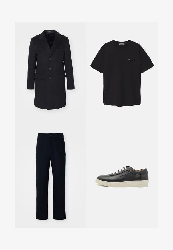 Melna vilnas mētelis ar izgriezumu, vienas rindas slēgšana, pieci pogas, divas priekšējās kabatas un gluda iekšējā odere.; Melnas kokvilnas T-krekls ar apaļu kaklu, īsām piedurknēm un baltu logotipa uzdruku kreisajā krūtī. Vienkāršs, vienkrāsains dizains.; Kokvilnas tumši zilas bikses ar taisnu kāju dizainu, priekšējo pogu aizdari un klasisku jostasvietu ar jostas cilpiņām.; Melnas ādas sporta apavi ar baltu gumijas zoli, noapaļotu pirkstu un plakanām saites, ar sānu šuvēm un diskrētu zīmolu.