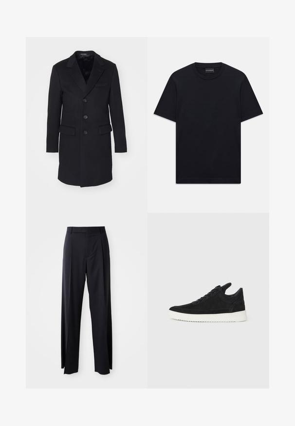 Fekete gyapjú kabát, kifordított hajtókával, egysoros fazon, öt gomb, két elülső zseb és sima belső bélés.; Fekete, rövid ujjú, kerek nyakú póló, amelyen a mellkason finoman domború logó található, valamint egy márkás címke a nyakában.; Fekete, magasan ültetett nadrág, széles szárai vannak, sima anyagból készült. Elülső redők és övhurkok jellemzik. Minimalista dizájn, látható fémalkatrészek nélkül.; Fekete nubuk sportcipő fehér gumitalppal, tónusos varrással és fűzős kialakítással. Simák a textúrája, modern, letisztult formával rendelkezik.