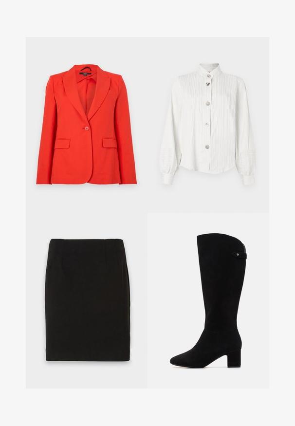 Blazer rojo ajustado hecho de una tela suave. Presenta solapas con muescas, dos bolsillos frontales, un cierre de un solo botón y un diseño entallado.; Blusa blanca de manga larga con rayas verticales, mangas abullonadas, cuello alto y cinco botones decorativos plateados en el frente.; Falda lápiz negra hasta la rodilla con dobladillo recto y sutiles detalles en costura en la cinturilla sobre un fondo blanco.; Botas negras de ante hasta la rodilla con punta afilada y tacón cuadrado. Presentan una textura suave y un diseño sencillo, con un acento de correa lateral.