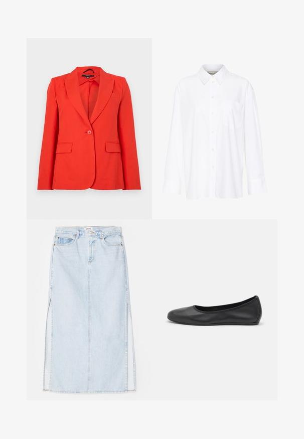 Rode op maat gemaakte blazer van gladde stof. Heeft gesneden revers, twee frontzakken, een enkele knoopsluiting en een getailleerd ontwerp.; Witte lange mouwen overhemd met kraag van katoen. Voorzien van een knoopsluiting aan de voorkant en een enkele borstzak. Een gladde textuur en een ontspannen pasvorm.; Lichtblauwe denim maxi rok met een rechte snit, voorzien van zijsplits en een ontwerp met vijf zakken. Opvallende stiksels en metalen knoopsluiting.; Zwarte leren ballerina met een ronde neus, gladde textuur, minimale stikdetails en een flexibele zoolontwerp.