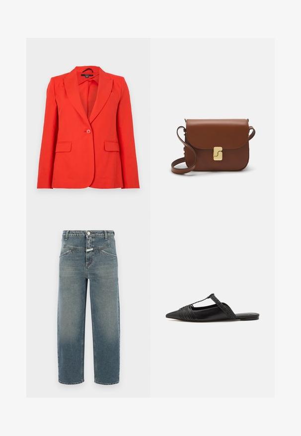 Czerwony marynarka dopasowana, wykonana z gładkiego materiału. Posiada klapy z notchem, dwie przednie kieszenie, zapięcie na jeden guzik oraz dopasowany fason.; Koszula w kratę z usztywnionym kołnierzykiem, z niebieskimi, beżowymi i różowymi wzorami w kratkę, długimi rękawami i czarnymi guzikami z przodu.; CLOSED STOVER niebieski; Czarny skórzany but na odkrytej pięcie z pointed toe, ozdobiony plecionym akcentem i plisowanym wzorem górnej części. Płaska podeszwa z minimalnymi elementami.; Brązowa skórzana torebka na ramię z klapką, złotymi detalami, paskiem na ramię i gładką teksturą. Kompaktowy prostokątny kształt.