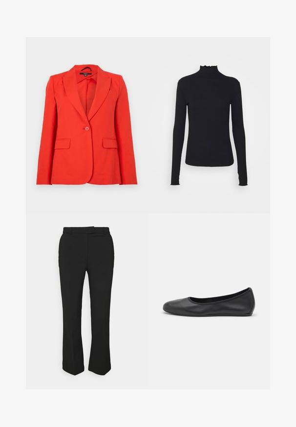 Červený na mieru šitý blazer vyrobený z hladkej látky. Má vystúpené klopy, dve predné vrecká, jediné zapínanie na gombík a priliehavý strih.; Čierny dlhý rukáv turtleneck top vyrobený z hladkej látky, s volánovým golierom a priliehavou siluetou s jednoduchými okrajmi.; Čierne upravené nohavice so strihem rovného nohu, vybavené pútkom na opasok a bočnými vreckami. Vyrobené z hladkého materiálu s čistým povrchom.; Čierne kožené baleríny s okrúhlou špičkou, hladkým povrchom, minimálnym prešívaním a flexibilným dizajnom podrážky.