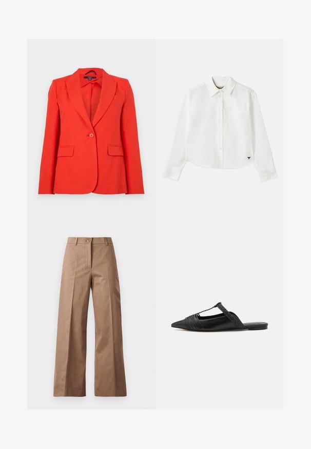 Rød skræddersyet blazer lavet af glat stof. Har spidse klapper, to frontlommer, en enkelt knappelukning og en tætsiddende design.; Hvid cropped langærmet skjorte lavet af bomuld. Har en knaplukning foran, en brystlomme og et lille sort logo nederst til venstre.; Brune bredde bukser lavet af et glat stof, med en frontknaplukning, to frontlommer og rene, skræddersyede linjer.; Sort læderslyngeback sko med spids tå, der har en vævet detalje og en plisseret overdel. Flad sål med minimal hardware.