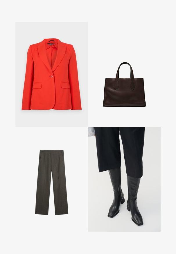 Rød skræddersyet blazer lavet af glat stof. Har spidse klapper, to frontlommer, en enkelt knappelukning og en tætsiddende design.; Brun ærmeløs top lavet af samlede stoffer. Har en rund halsudskæring og en tekstureret overflade med en let elastisk kant.; Mørkegrå, vidde benbukser lavet af tekstureret stof, med to sidelommer og en ren frontfold. Enkel, skræddersyet design.; Sorte læder støvler til knæene med firkantet tå og blokhælc. Har en sidezipper og glat tekstur.; Brun læder tote bag med to forlængede håndtag, struktureret rektangulær form, glat overflade og subtile syninger.